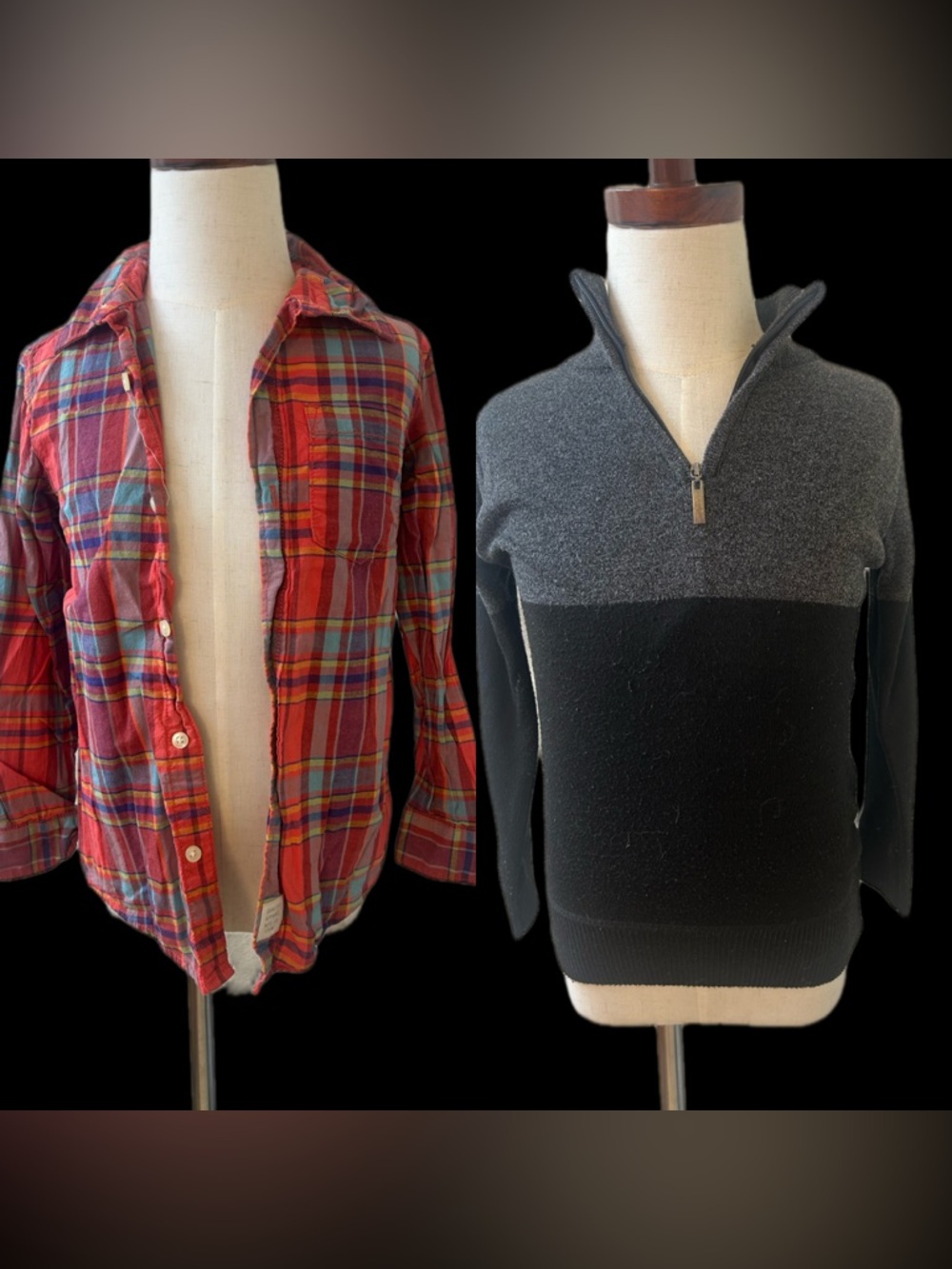 Two-Piece Casual Set: Red Plaid Shirt + Black & Gray Half-Zip Sweater